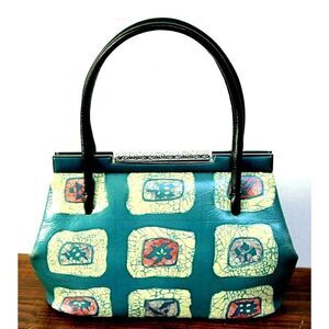AWESOME VTG BLACK BLUE PRINT GENUINE LEATHER CLASP TOP FRAME SMALL PURSE HANDBAG